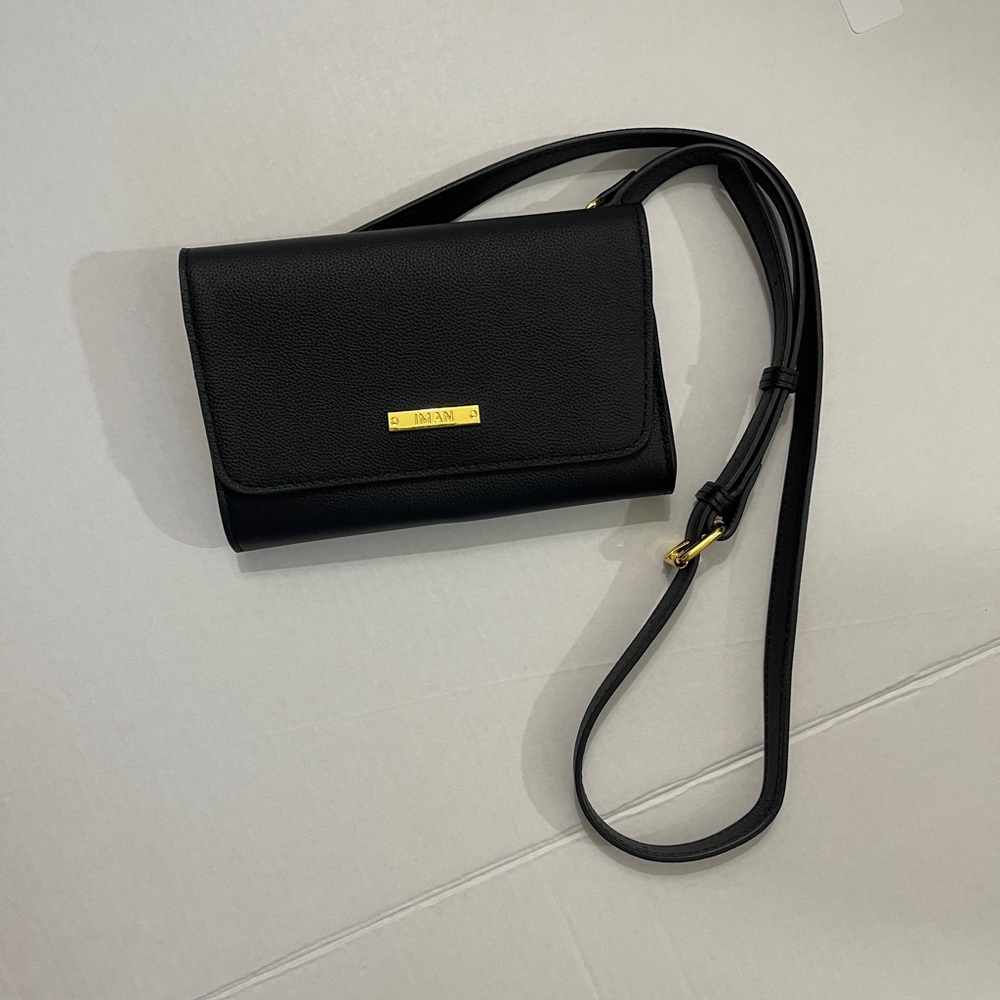 IMAN Black‎ Crossbody Shoulder Purse Wallet Gold Hardware New